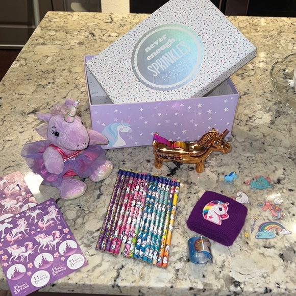 Other - Unicorn 🦄variety pack storage box stuffed animal stickers pencils tape bracelet